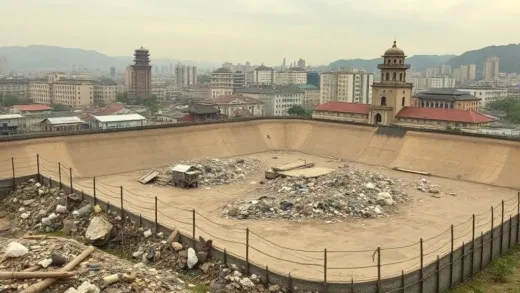 A historical photo of Seoul with early waste disposal methods, perhaps a small landfill or open dumping site, showing the contrast between a developing city and its waste problem. The image should evoke a sense of the past and the scale of the challenge.
