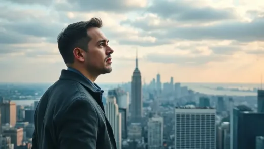 A thoughtful person looking at a complex city skyline, with overlapping real estate trends depicted as subtle digital overlays, representing the questions around property values and investment.