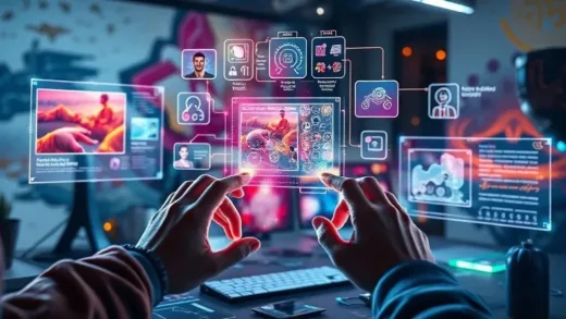 A futuristic, vibrant image of a digital artist's workspace, with hands interacting with holographic interfaces displaying various AI-generated images, videos, and text. The scene is full of bright, flowing lines representing data and creativity, suggesting seamless integration of multimodal AI tools. The background shows a blend of abstract digital art and real-world elements.