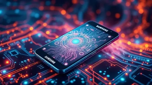 A sleek, futuristic Samsung smartphone, glowing with intricate circuit patterns, representing innovation and strategic importance, set against a backdrop of glowing digital data streams, vibrant and dynamic.
