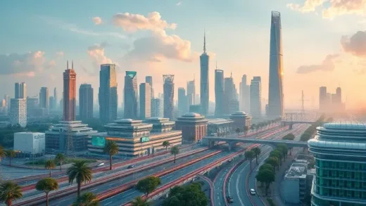 A futuristic cityscape powered by advanced AI and electric vehicles, with prominent energy storage systems (ESS) seamlessly integrated into the infrastructure. The image should convey innovation and sustainable energy. Focus on a clear, vibrant, and forward-looking aesthetic.