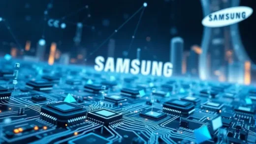 A futuristic, dynamic scene of microchips and data flows, symbolizing the rapidly changing semiconductor market. In the background, a subtle representation of Samsung's logo or iconic buildings. The overall tone is innovative and forward-looking.