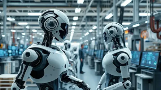 A futuristic factory floor with humanoid robots working alongside humans, advanced AI interfaces on screens, highlighting collaboration and technological progress in robotics.