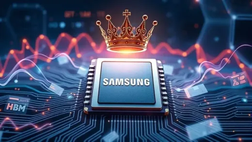 Dynamic visual representing the semiconductor market with Samsung Electronics chip at the forefront, showcasing a crown for regaining the top position, intertwined with AI and HBM technology symbols.