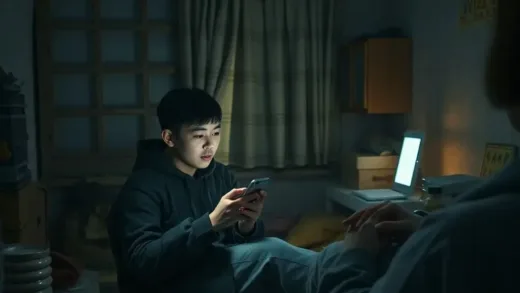 A North Korean young adult secretly watching a South Korean drama on a smartphone in a dimly lit, modest room, with a subtle glow from the screen, surrounded by everyday North Korean objects. The atmosphere is secretive yet hopeful. Focus on realistic details and expressions.