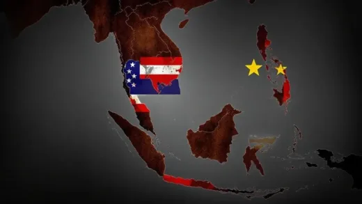 A dramatic, stylized map of Southeast Asia showing Cambodia and Thailand, with subtle visual cues representing geopolitical tensions and proxy warfare, possibly with abstract flag colors of US and China interwoven.