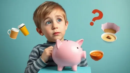 A puzzled young person looking at an empty piggy bank, with small items like a coffee cup, taxi, and a bowl of soup floating around them, representing everyday small expenses.