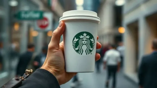 A hand holding a Starbucks coffee cup with the green siren logo, set against a blurred background of a bustling city street or an office environment. The image should convey a sense of routine but with a subtle hint of something deeper or more complex beneath the surface.