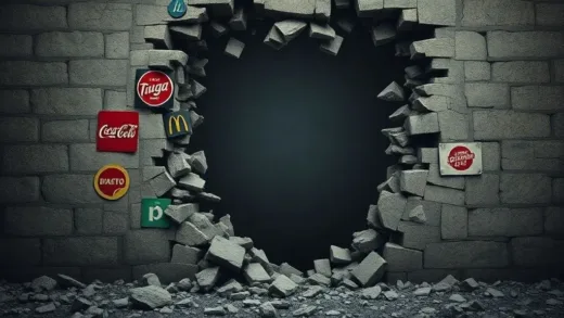 A crumbling ancient stone wall with modern franchise logos crumbling off it, revealing a dark, desolate interior with faint cries, symbolizing the fall of a once-strong franchise empire.