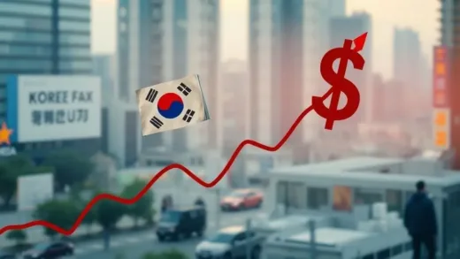 A dynamic image showing a rapidly rising currency exchange graph with Korean won and US dollar symbols, hinting at urgency and economic instability, with a subtle background of city life.