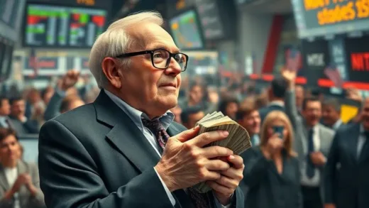 A wise old investor (resembling Warren Buffett) is quietly observing a chaotic, booming stock market filled with excited traders. He is holding a large stack of cash, his expression serene and foresighted, while others celebrate around him. The scene conveys calm amidst frenzy, with a hint of impending change.