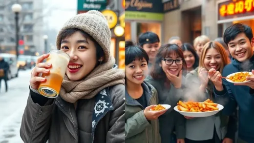 A vibrant split image. On one side, a young Korean person happily sipping an iced Americano in a snowy winter street. On the other side, diverse young people from the US enthusiastically participating in a spicy food challenge, with steam and bright colors. Both scenes show enjoyment and cultural distinctiveness.