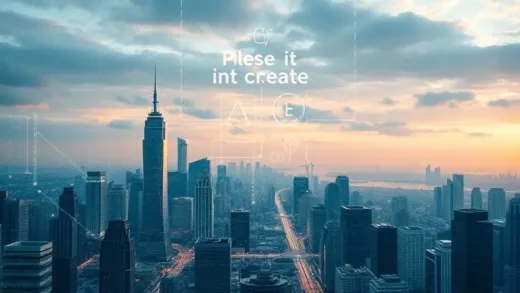 A futuristic city skyline with digital elements showing data flows and automated processes, representing a shift from human labor to AI-driven capital. A clear divide illustrating the diminishing value of labor and increasing value of capital.