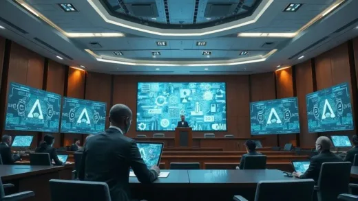 A futuristic courtroom or legal office where AI interfaces are seamlessly integrated into human legal processes, showing both human lawyers and advanced AI screens working collaboratively, symbolizing the shift from traditional knowledge to service-oriented legal practice.