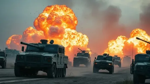 A visually striking image depicting a modern military conflict scene with explosions and military vehicles in action, highlighting the intensity and unpredictability of war, with a subtle sense of underlying tension and doubt about equipment reliability. Focus on dynamic action and a slightly somber mood.