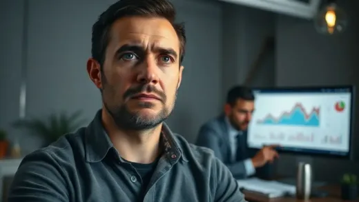 A struggling small business owner looking worried in a dimly lit office. Behind him, a professional (accountant or lawyer) looking stressed in front of a computer screen, with charts showing economic decline. The atmosphere is tense and uncertain, with a subtle hint of AI-generated analytics in the background.