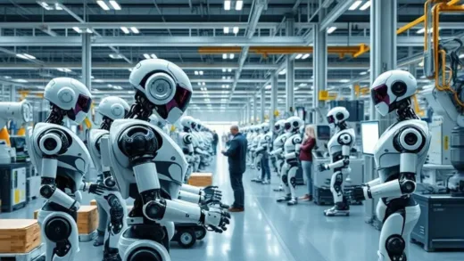 A futuristic factory floor with various robots working alongside humans, depicting efficient and advanced manufacturing. Robots are sleek and modern, interacting seamlessly with human workers.