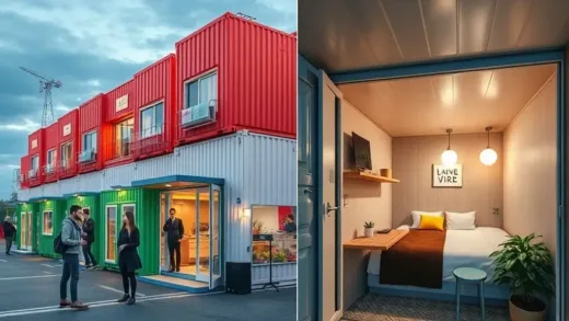 A vibrant, futuristic-looking container hotel complex near Narita Airport, with people checking in, and a cozy, compact interior of a container room with modern amenities.