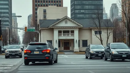 A paradox of a busy, modern city street with a hearse driving past an empty, decaying funeral home, illustrating the contradiction of rising deaths and failing funeral businesses. Focus on subtle details.