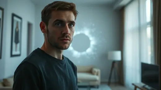 A person looking curiously at a subtle, almost invisible anomaly or shimmering distortion in a modern room, symbolizing a nearby black hole. The lighting is soft and mysterious.