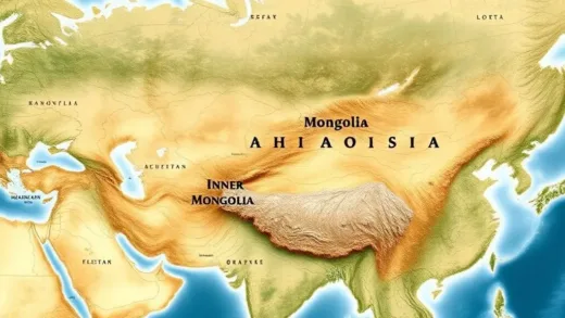 A map illustrating Mongolia and Inner Mongolia, highlighting the vastness of both and the Gobi Desert as a natural divider, with a sense of historical mystery.