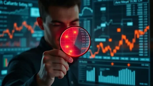 A person deciphering a complex, glowing holographic projection of stock market charts and data, with a magnifying glass. The overall atmosphere is mysterious yet intellectually stimulating.