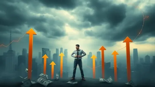 A person standing calmly amidst a stormy financial market, looking confident, with various upward arrows representing opportunities, dollar bills.