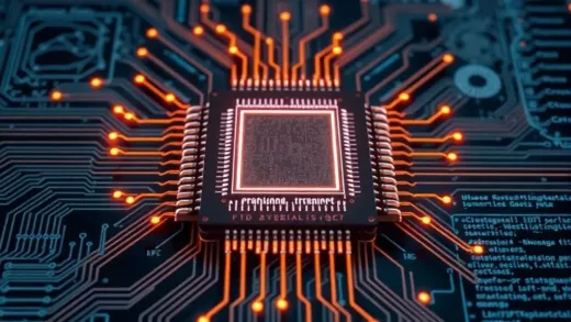 A powerful, futuristic-looking microchip with glowing circuits, set against a backdrop of complex diagrams and code, symbolizing advanced hardware and software integration.