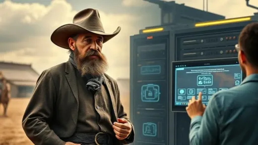 An old-fashioned snake oil salesman in a wild west setting, juxtaposed with a modern AI server rack and a person looking at a futuristic screen with AI predictions. The image should convey a sense of deception and false promises, with both historical and futuristic elements.