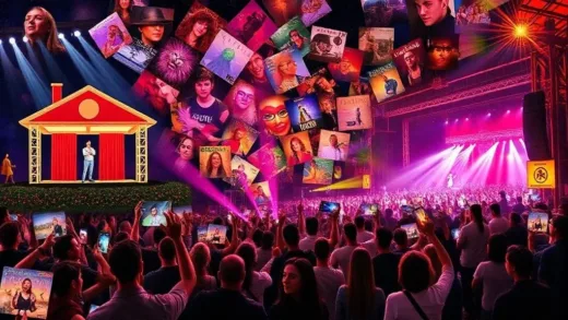 A vibrant collage illustrating the evolution of trot music, from a traditional stage performance to a modern concert with fans holding light sticks, surrounded by album covers and merchandise. The overall feel is vibrant and transformative.