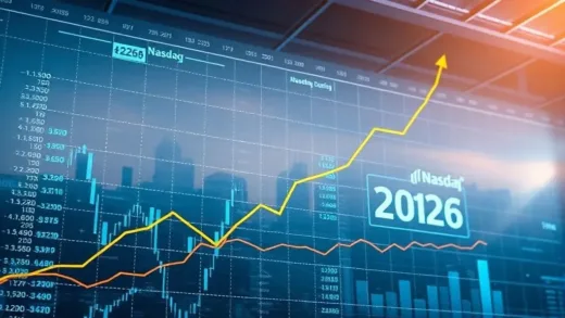 A futuristic stock market display with a soaring upward trend line, showing 'Nasdaq' and '2026' prominently. The setting is optimistic and dynamic, with subtle hints of technological advancement and global connectivity.