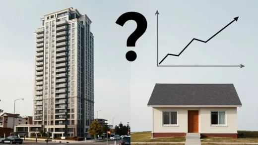 Two contrasting houses, one a luxurious high-rise with a rapidly rising graph next to it, the other a modest home with a flat line graph. A question mark hangs between them. The overall mood is serious and thought-provoking.