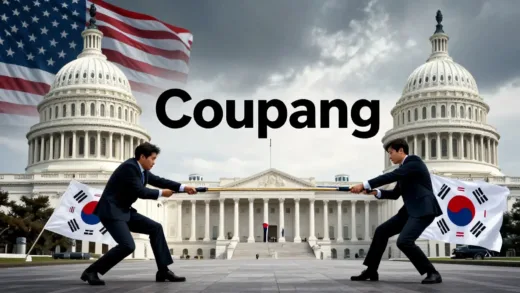 A dramatic image showing a tug-of-war between the US Capitol and the Korean National Assembly, with a large "Coupang" logo in the center, representing the political tension.