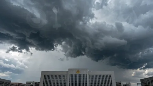 A looming storm cloud gathering over a large corporate building, with subtle government symbols in the background, conveying tension and impending action, dramatic lighting, realistic, cinematic.