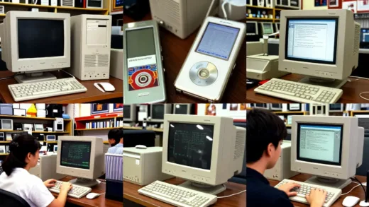 A vintage photo collage showing a 90s computer store with various PC models, an early MP3 player, and people using a dial-up internet community on a CRT monitor, evoking nostalgia for early IT innovation.