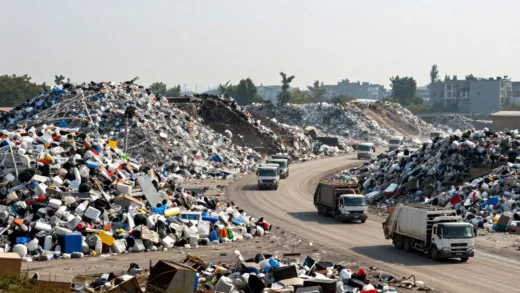 A vast landfill with enormous mountains of garbage, numerous garbage trucks approaching, illustrating the overwhelming scale of waste accumulation in an urban area. The sky is slightly hazy, emphasizing the environmental impact.