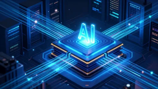 A stylized illustration showing high-bandwidth memory (HBM) stacks integrated with a glowing AI chip within a futuristic data center. The scene should convey rapid data flow, advanced technology, and the critical role of memory in empowering artificial intelligence, emphasizing innovation and speed.