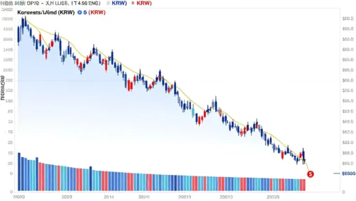 A dynamic visual representation of currency exchange rates, showing the Korean Won (KRW) line steeply declining against the US Dollar (USD) line, with graphs indicating interest rate differentials and geopolitical risk factors in the background. The overall mood is tense and uncertain.