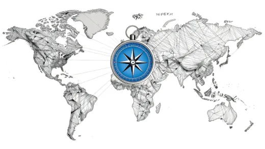 A complex global map with interconnected lines and points, symbolizing international relations and strategic dilemmas. A compass is prominently featured, pointing to multiple directions, indicating difficult choices.