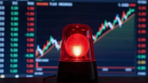 An urgent red warning light flashing on a complex financial dashboard, with a graph showing a rapidly rising currency exchange rate in the background. The mood is tense and urgent.