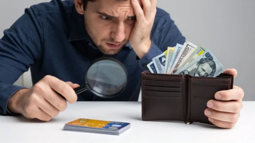 A person looking perplexed at an empty wallet next to a stack of credit cards, with a magnifying glass revealing a hidden financial trap behind the cards. The overall tone is mysterious and thought-provoking.