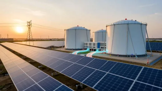A graphic illustration showing a solar panel field at sunset, with electricity flowing into a large, futuristic energy storage facility, representing the transition from day to night power.