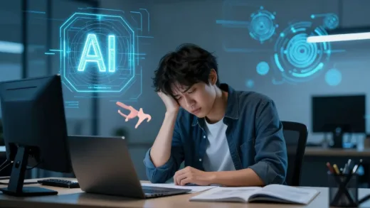 A person sitting at a desk, looking tired and frustrated with repetitive tasks, with AI glowing in the background, offering a futuristic solution. The person is reaching out to the AI with a hopeful expression.