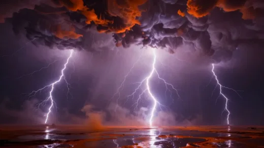 A stormy alien planet with a very thick, dark orange and purple atmosphere, filled with continuous, bright electrical storms. The ground appears melted and glassy, reflecting the constant lightning.