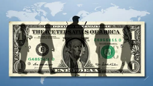 A cracked US dollar bill, with political figures' shadows looming over it, symbolizing the erosion of trust due to political influence. The background shows a global economic landscape.