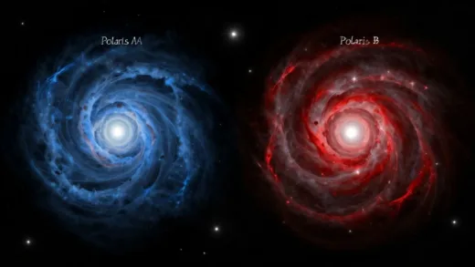 A detailed, artistic illustration of the Polaris binary star system (Polaris AA and Polaris B) in deep space, with one star appearing distinctly younger and bluer, and the other older and redder, visually representing the age discrepancy.
