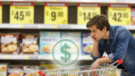 A person looking with concern at a partially filled shopping cart, next to a fading money icon, set against a backdrop of blurred rising price tags in a supermarket. The mood is slightly anxious but seeking solutions.