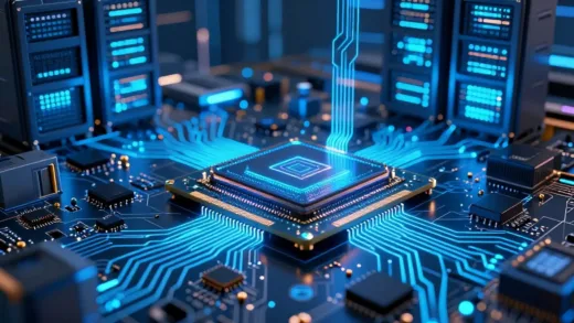 A futuristic visual representing the AI and semiconductor ecosystem. Show intricate circuit boards (PCBs) with glowing high-bandwidth memory (HBM) chips. In the background, abstract representations of AI servers and data flowing, symbolizing the core components and their connection to AI infrastructure. The image should convey complexity, innovation, and essential technology.