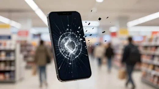 A shattered smartphone screen with small data fragments escaping, set against a blurred background of a bustling online shopping scene, symbolizing digital insecurity and a major data breach.