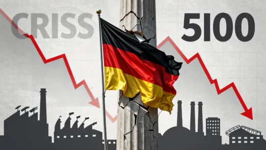 A dramatic visual of a crumbling European pillar adorned with the German flag, surrounded by various economic crisis indicators like falling graphs and closed factory silhouettes. The scene suggests a desperate economic situation, highlighting the scale of the 500 billion euro gamble.